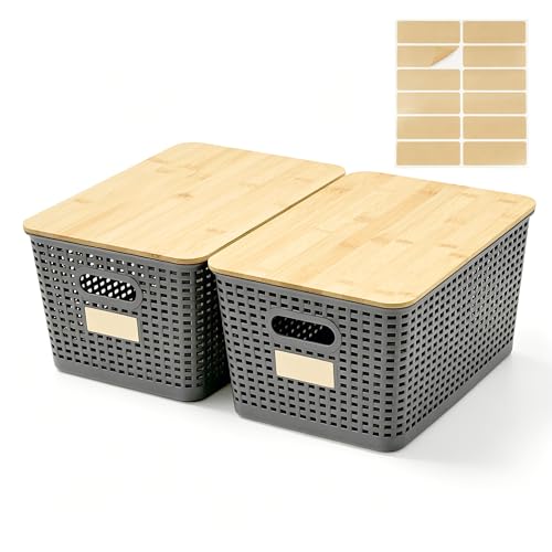 Bagnizer 2 Pack Tall Plastic Storage Bins with Bamboo Lids, 10.8qt Stackable Storages Baskets for Organizing Desktop Closet Playroom Classroom Office, 12"L x 8.3"W x 6.1"H, Gray - color: Gray, size: Tall- 2 Pack