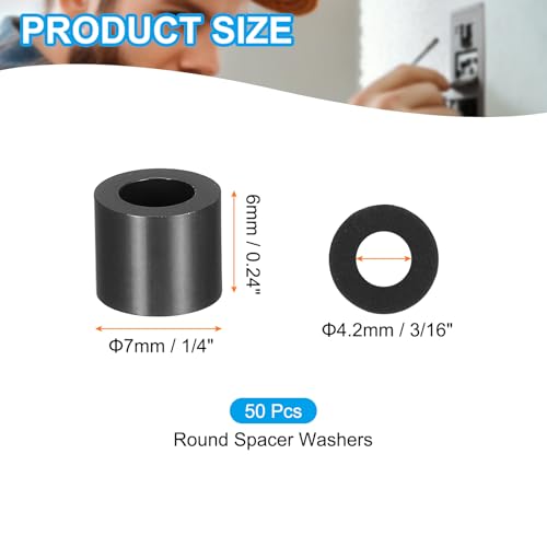 PATIKIL 50Pcs ABS Spacers 4mm ID, 7mm OD, 6mm Height Plastic Round Stud Spacer Black Nylon Washers Nut Unthreaded Rubber for M4 Screws Bolts Barrel - size: 4mm ID, 7mm OD, 6mm Height