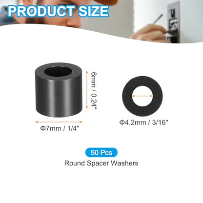 PATIKIL 50Pcs ABS Spacers 4mm ID, 7mm OD, 6mm Height Plastic Round Stud Spacer Black Nylon Washers Nut Unthreaded Rubber for M4 Screws Bolts Barrel - size: 4mm ID, 7mm OD, 6mm Height