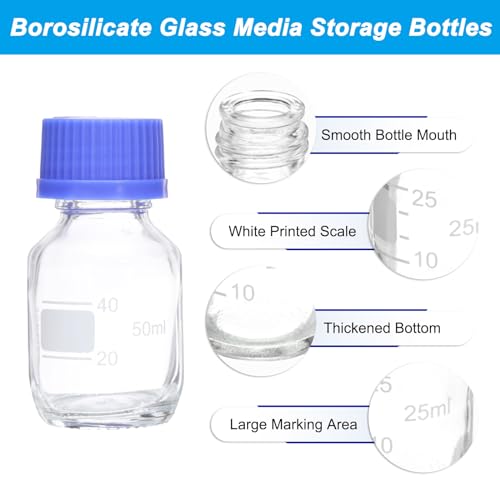 PATIKIL 10 Pack Reagent Media Storage Bottles, 50ml Borosilicate Glass Graduated Round Bottles with GL32 Blue Screw Cap for Lab Water Reagent Liquids, Clear - size: 50ml