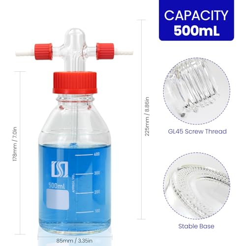 ALWSCI 500ml Gas Washing Bottle Lab Glass Drechsel Head GL45 1Set, - size: 16.9 Ounces