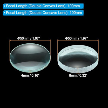 PATIKIL Convex Lens, 100-100mm Focal Length 50mm (1.97") Diameter Round Glass Magnifying Telescope Lens Trial Set Ground Edge for Lab Physics Class Optics, 4 Pcs - size: 100/-100mm FL, 50mm Dia.
