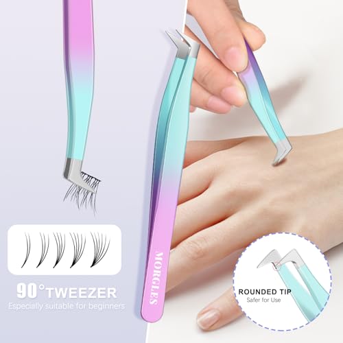 MORGLES 5 PCS Lash Tweezers Set for Eyelash Clusters - color: Green