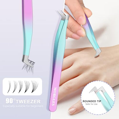 MORGLES 5 PCS Lash Tweezers Set for Eyelash Clusters - color: Green