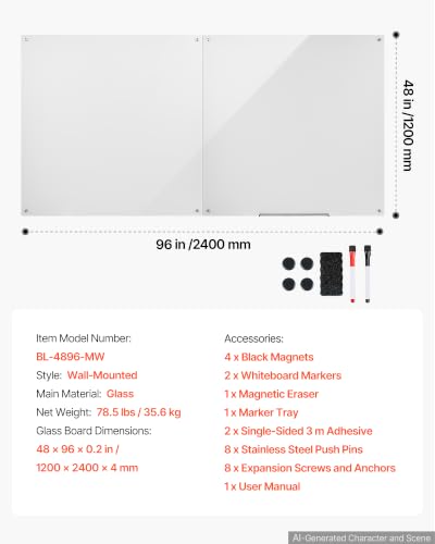 VEVOR Glass Dry Erase Board 96"x48" White Magnetic Whiteboard - color: White, size: 96"W x 48"H