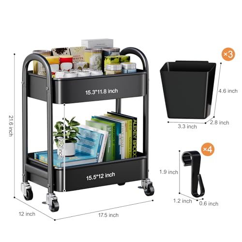 2 Tier Rolling Cart Metal on Wheels,Two Tiered Short Side Table with Wheels - color: Matte Black, size: 2 tier