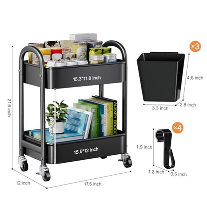 2 Tier Rolling Cart Metal on Wheels,Two Tiered Short Side Table with Wheels - color: Matte Black, size: 2 tier