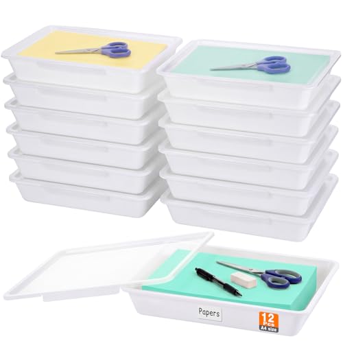 Tinlade 12 Pcs Classroom Paper Storage Bins with Lids, White, 13x10in - color: White