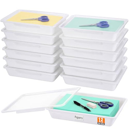 Tinlade 12 Pcs Classroom Paper Storage Bins with Lids, White, 13x10in - color: White