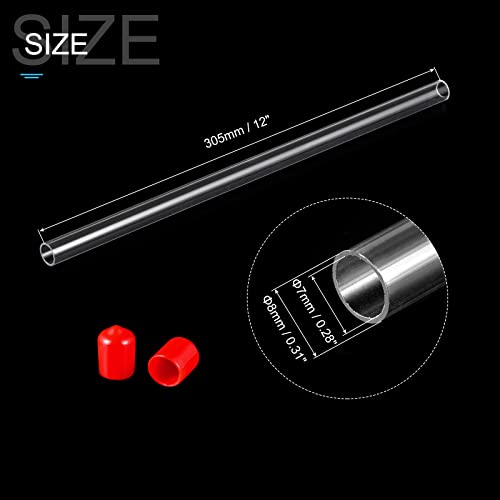 PATIKIL Clear Rigid Tube Round Plastic Tubing with Red Rubber Caps Polycarbonate Water Pipe, 305mm/ 12 Inch Length, 7mmx8mm/0.28"x0.31", 2 Set - color: Red,Clear, size: 0.28"x0.31"