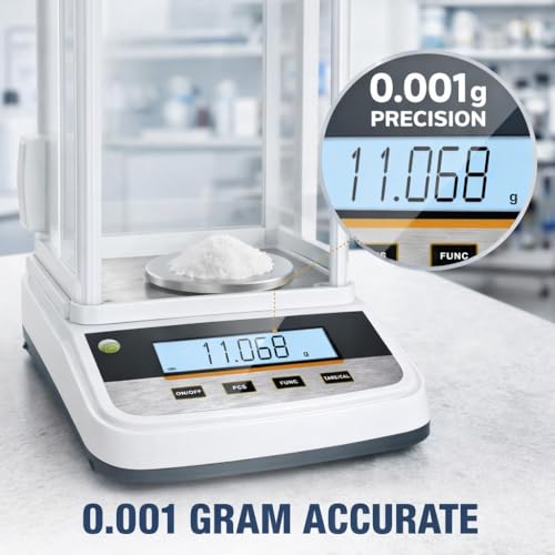Lab Analytical Balance 500g x 0.001g Precision Digital Scale, with Windshield and RS232 Interface, for Scientific Laboratories, Research, Industrial, Kitchen, Food, Jewelry, 19 Units, 500g Weight - color: White-500g x 0.001g