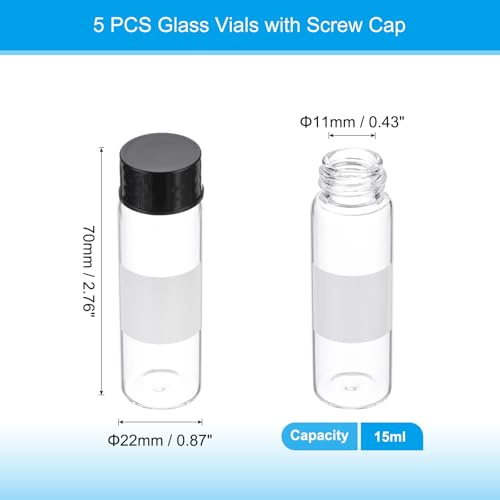 PATIKIL Small Glass Sample Bottles with Lids, 5 Pcs 15ml Clear Glass Vials with Black Screw Caps Mini Leak Proof Reagent Sealed Bottles with Writing Label for Solid Liquid Powder Storage - color: Black/Clear, size: 15ml