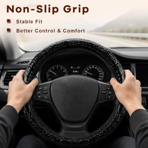 15" Leather Car Steering Wheel Cover (Black) - color: Black