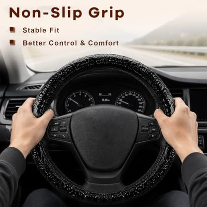 15" Leather Car Steering Wheel Cover (Black) - color: Black