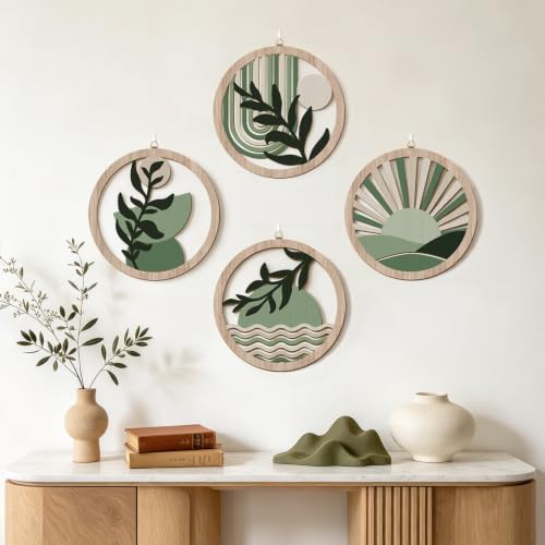 Abstract Mid Century Boho Green Botanical Wall Decor‑4 Pieces 10''x10'' - color: Farmhouse geometric