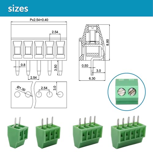 46PCS 2.54mm 0.1" Pitch PCB Mount Screw Terminal Block Connector, Minidodoca 2P 3P 4P 5P 6P 7P 8P Terminals 150V 6A for 26-18AWG Cable，Equipped with Special Screwdriver - style: 46pcs Terminal Block Connector