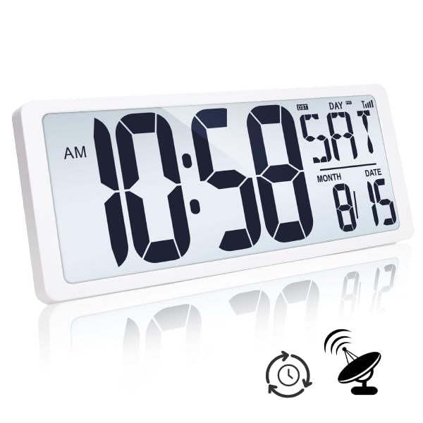 TXL Atomic Clock with Backlight, 14.2" Digital Wall Clock, Battery Operated, Large Display with Day, Date & Temperature, Bedroom, Living Room, Office - color: White Atomic Backlight-14.2in