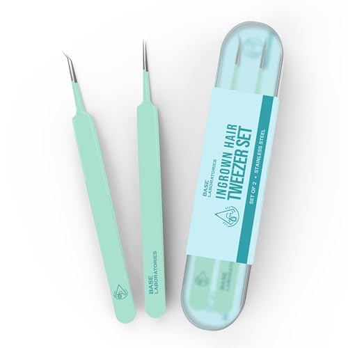 Base Labs Ingrown Hair Tweezers Set – 2 Pack Precision Tweezers for Ingrown Hair Removal, Curved & Pointed Tip Stainless Steel Tweezers with Protective Case for Razor Bumps, Splinters & Facial Hair - size: 2 Count (Pack of 1)