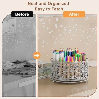 EKNITEY Pencil Pen Holder For Desk - 360° Rotating Pencil Cup Organizer - color: Silver