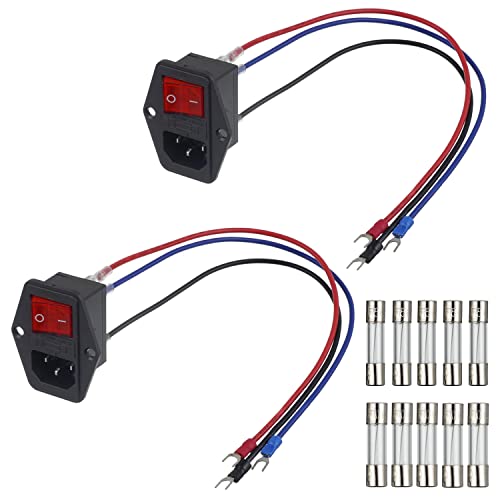 Inlet Module Plug 3D Printer Arcade Power Switch 10A 250V Power Socket with 10A 15A Fuse 18 AWG Extension Cable 3 Pin IEC320 C14 Male Power Switch (Pack of 2 Pcs)