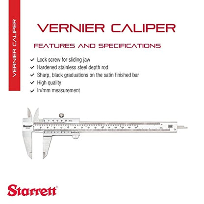 Starrett Vernier Caliper, 0-6" Range, .001" Graduation