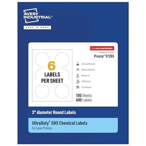 Avery UltraDuty GHS Labels, Waterproof, 3" White Round Labels, 600 Total, Use with Laser Printers - size: 3", style: 600 labels