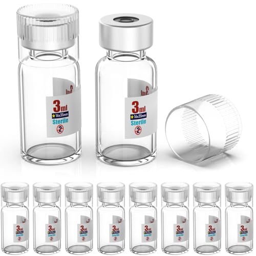 Biomed Solutions Sterile Empty Vial with Reusable Plastic Cap,Ready to Fill Glass Containers, Liquid Injection Bottle Sealed with Self Healing Injection Port (3ml Clear 10pcs) - size: 3ml Clear 10pcs
