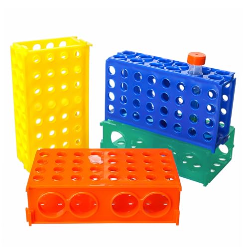4-Way Interlocking Plastic Tube Rack Set (5 Pack) - Expandable Organizer for 0.5-50mL Containers, 5 Colors for Home & School Projects