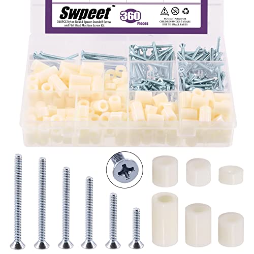 Swpeet 360Pcs Nylon Round Spacer Standoff Screw Nut and Flat Head Phillips #6-32 Electrician's Machine Screw Assortment Kit Perfect for Screws Prototyping