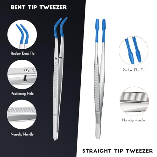 Honoson 2pcs Tweezers with Rubber Tips Set Bent and Straight, Silver, Blue - color: Silver, Blue