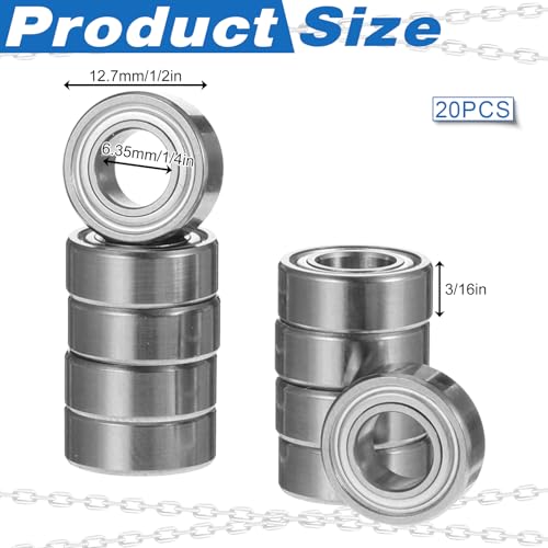 20 Pcs R188 Bearing, 1/4 Inch X 1/2 Inch X 3/16 Inchs Small Bearings Deep Groove Ball Bearings Both Sides Steel Shielded Bearing (R188-ZZ)
