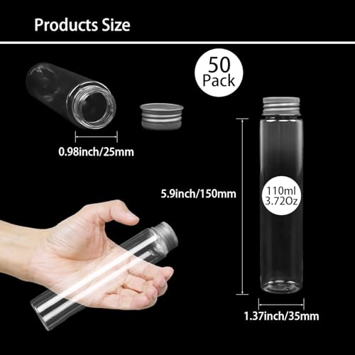 Plastic Test Tubes,50 Pack 115ml Test Tubes Flat Plastic Test Tubes Test Tubes with Screw Caps,30x150mm, Funnels Included, Large Reusable Containers for Bath Salt, Candy Storage, DIY Crafts (Silver)