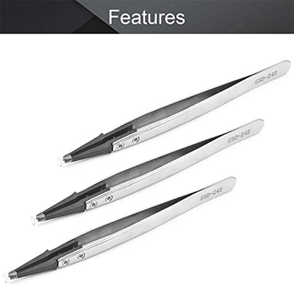 Utoolmart ESD-242 Precision Anti-Static Carbon Fiber Tweezers Stainless Steel Tweezers for Craft Jewelry Electronics 3 pcs - color: 3pcs, size: ESD-242