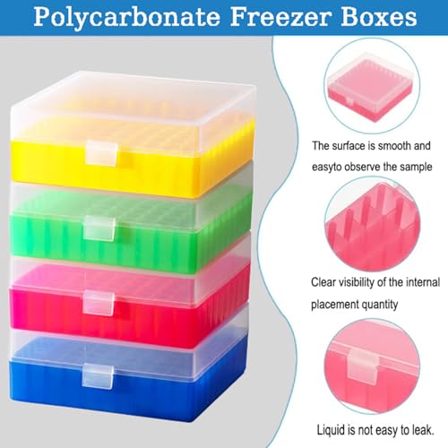 100 Well Polypropylene Cryogenic Boxes,Snap Clasp Lid,5 Colors,Fits 1.5-2.0 Microcentrifuge Tubes Vials(Pack of 6)