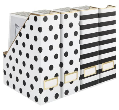 BLU MONACO | Cardboard Magazine File Holder Set of 4 | Vertical Magazine File Holder for Desk and Shelves | Standing File Holder for Classroom School Paper Storage - color: Gold Dots Black Stripes