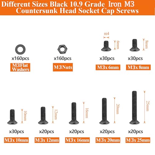 480PCS M3 Countersunk Hex Socket Screws Grade 10.9 Carbon Steel - size: M3 Screw Kit – 480PCS
