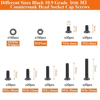 480PCS M3 Countersunk Hex Socket Screws Grade 10.9 Carbon Steel - size: M3 Screw Kit – 480PCS