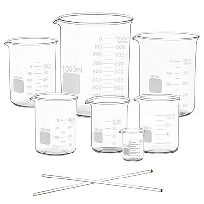 Borosilicate Glass Measuring Low Form Beaker Set 7 Pcs, 10-1000 mL - size: 10ml+50ml+100ml+250ml+400ml+600ml+1000ml