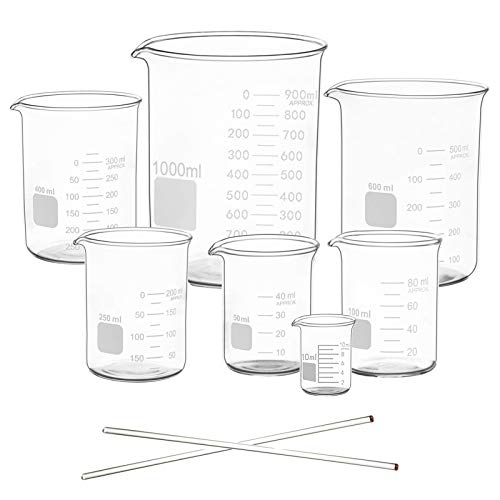 Borosilicate Glass Measuring Low Form Beaker Set 7 Pcs, 10-1000 mL - size: 10ml+50ml+100ml+250ml+400ml+600ml+1000ml