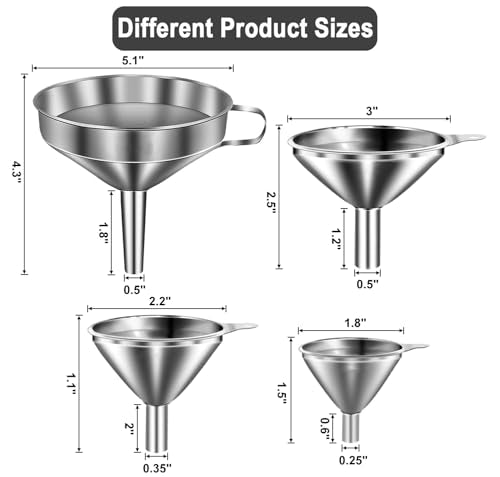Stainless Steel Funnels for Kitchen use,4PCS Kitchen Metal Funnel with 2 Removable Strainer,Cleaning Brush.Funnel for Filling Bottles,for Transferring of Liquid,Oils,Jam (5.1",3",2.2",1.8") - size: 4pcs Funnel set