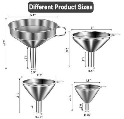Stainless Steel Funnels for Kitchen use,4PCS Kitchen Metal Funnel with 2 Removable Strainer,Cleaning Brush.Funnel for Filling Bottles,for Transferring of Liquid,Oils,Jam (5.1",3",2.2",1.8") - size: 4pcs Funnel set