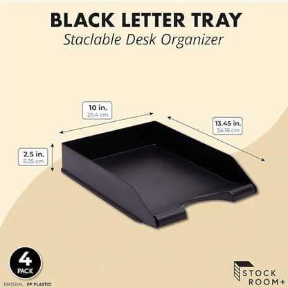 Stockroom Plus Letter Tray - Stackable Desk Organizer Trays - Desktop File Organizer - Mail & Document Storage - Pack of 4, Black, 10 x 13.5 x 2.5 in - color: Black