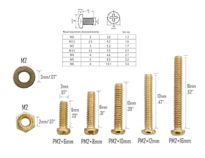 LBY 750pcs Machine Screws Assortment Kit, M2 Phillips Pan Head Bolts, 5 Sizes (with Nuts and Flat washers), Copper (Yellow) - size: M2