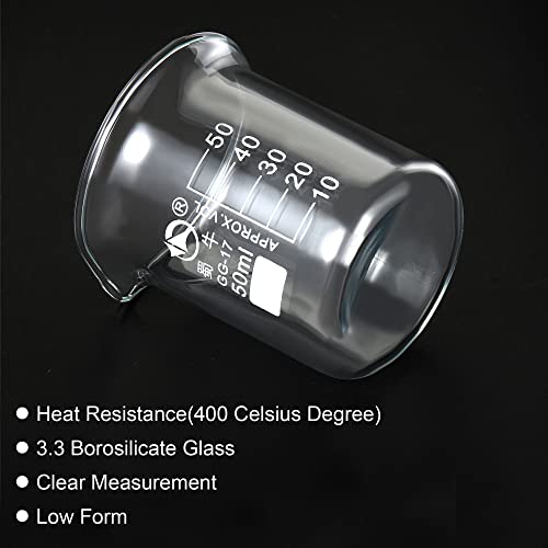 PATIKIL 50ml Low Form Glass Beaker, 3.3 Borosilicate Glass Graduated Printed Scale Measuring Cups with Spout for Kitchen Lab Liquids Transit Boiling - size: 50ml