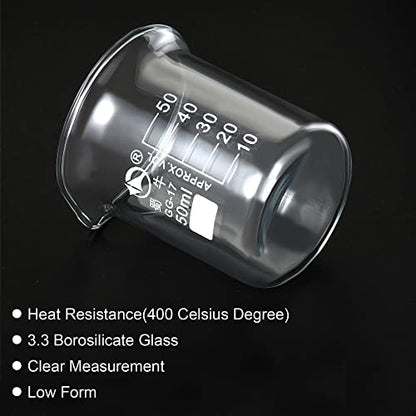 PATIKIL 50ml Low Form Glass Beaker, 3.3 Borosilicate Glass Graduated Printed Scale Measuring Cups with Spout for Kitchen Lab Liquids Transit Boiling - size: 50ml