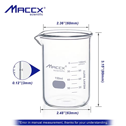 5.07oz(150ml) New Upgraded Glass Beakers, Heavy Duty Lab Beaker Set, 3.3 Borosilicate with Double Scale, Pack of 12, HDBK150-012 - style: Vol.150ml, Pack of 12