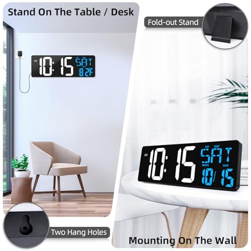 17" Large Digital Wall Clock with Remote, Auto Dimmer, Date Temp, Timer - color: Ice Blue+ White
