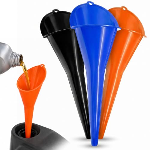 3pc Automotive Oil Funnel Set, Long Neck Plastic Funnels for Oil Change, Gas, Fuel, Diesel, Coolant & Transmission Fluid, Multi Purpose Car Funnel Kit for Auto Fluids or Kitchen Use