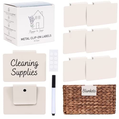 Hygge & Sage: Metal Non-Slip Basket Labels Clip On for Storage Bins, or Wire Racks | Includes 8 Labels, 8 Non-Slip Pads, and 1 Free Marker (Cream) - color: Cream