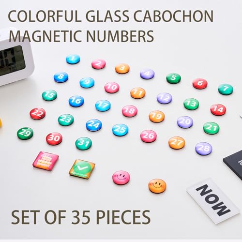 Colorful Glass cabochon Magnetic Numbers for Fridge whiteboard Calendar, Colored Dry Erase Board Number Magnets Dates for Home Organization Classroom Decor Daily use (Set of 35, 0.98")